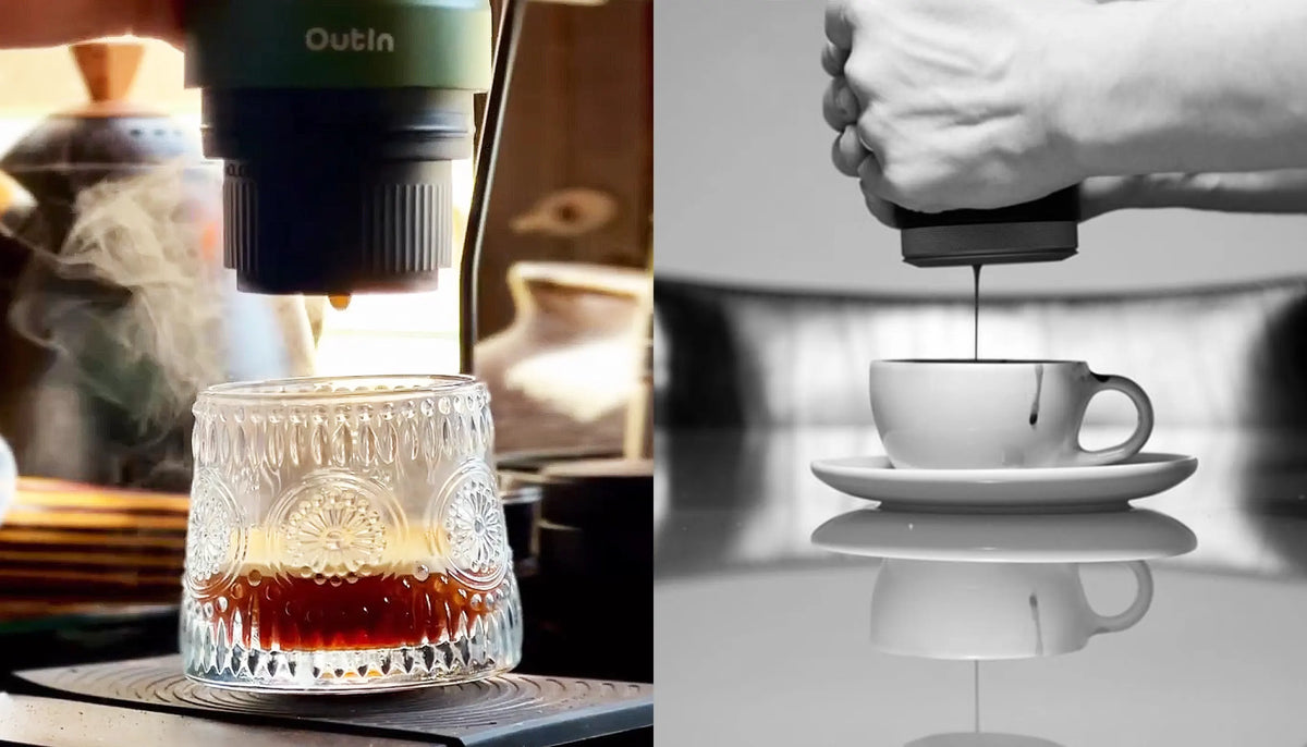 OUTIN tragbarer Kaffeebrüher bereitet heißen Kaffee in einem Glas mit Dampf. Rechts: Hand drückt OUTIN Gerät, Kaffee fließt in eine Tasse.