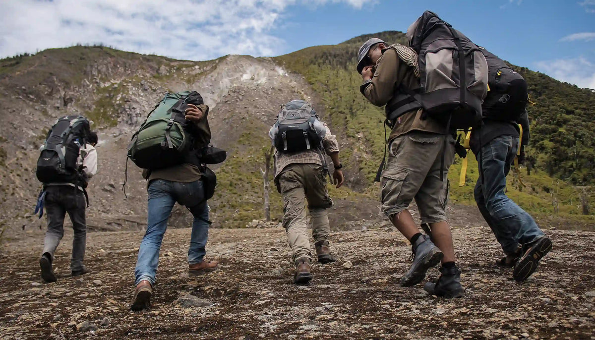 Wanderer mit Rucksack auf Bergwanderung in der Naturlandschaft