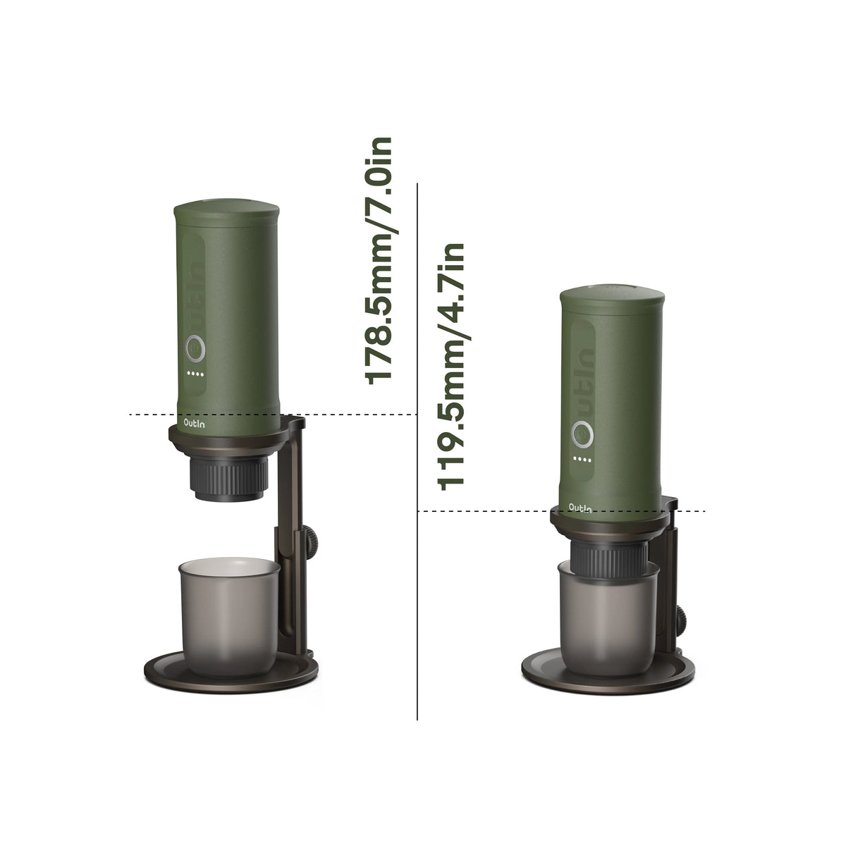 Universeller Kaffeeständer mit höhenverstellbarem Halter von 119,5 mm bis 178,5 mm für verschiedene Tassengrößen.