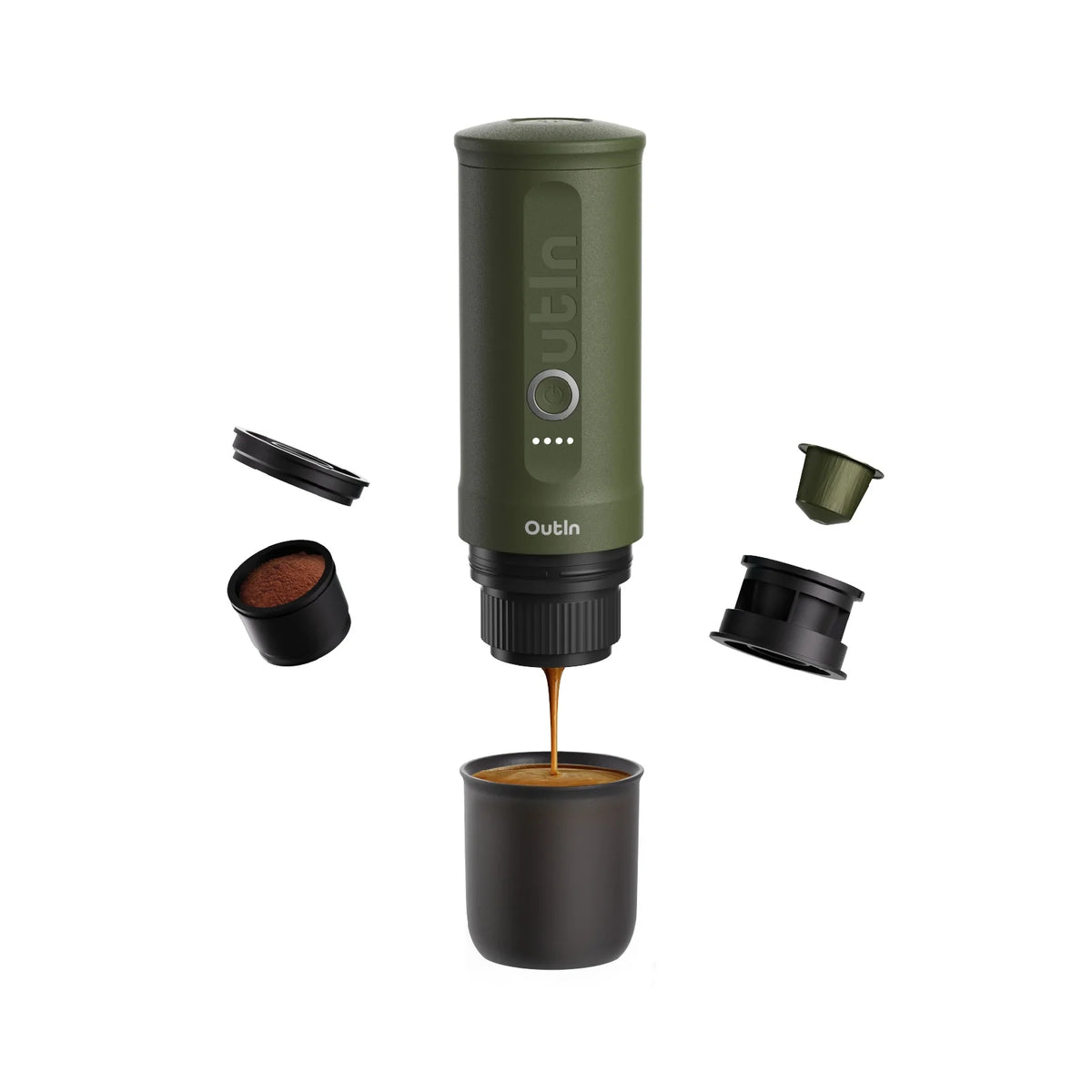 Grüne OutIn Nano Espressomaschine brüht Espresso für gemahlenen Kaffee & Kapseln.