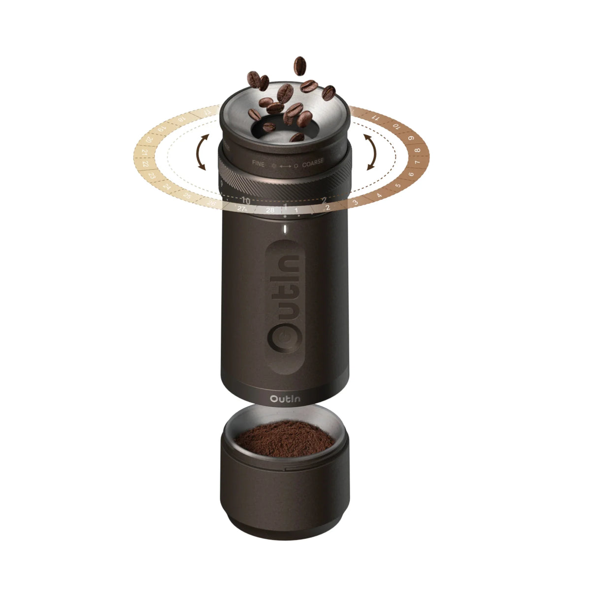 OutIn Fino Kaffeemühle in Anthrazit mit Mahlgradskala, Bohnen fallen ins Mahlwerk, gemahlener Kaffee im Behälter.