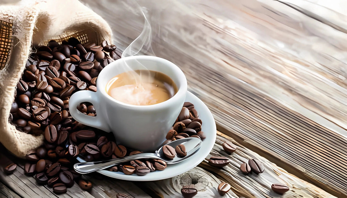 Tasse frisch gebrühter Kaffee mit dampfender Crema auf rustikalem Holztisch, umgeben von Kaffeebohnen aus Jutebeutel, Kaffee-Genuss für Feinschmecker