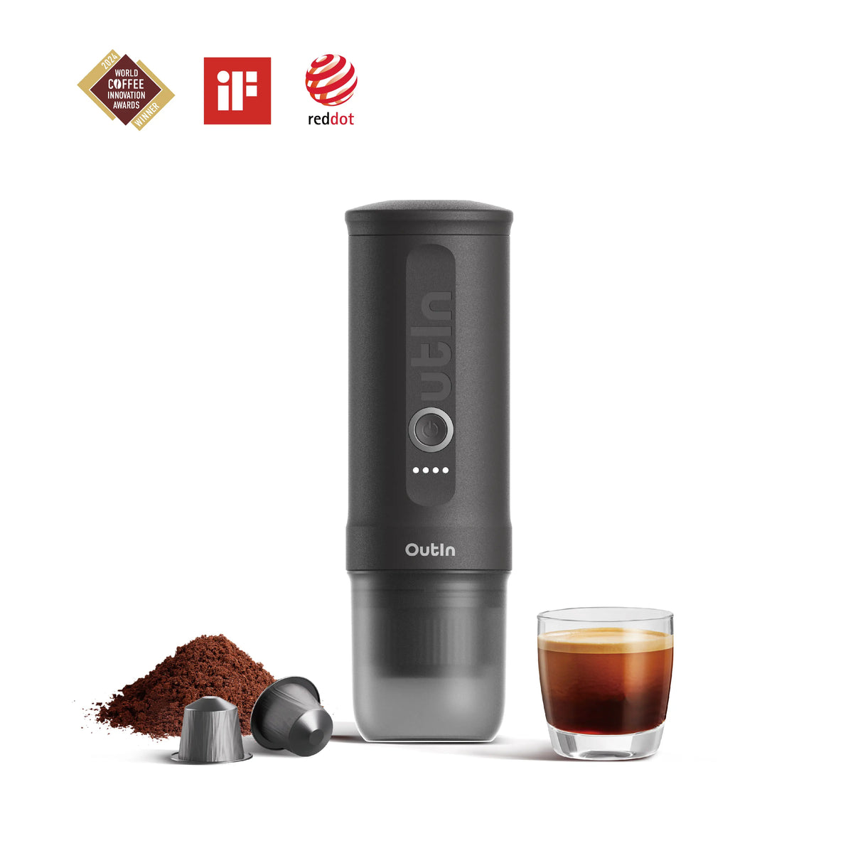 Nano Tragbare Espressomaschine Space Grau mit Espresso, Kaffeepulver, Kapseln und Auszeichnungen.