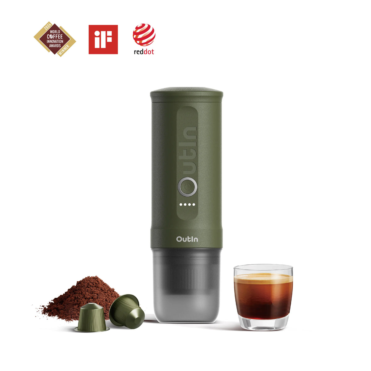 OutIn Nano Espressomaschine Waldgrün mit Zubehör und Espresso, 2-in-1, mit Auszeichnungen.