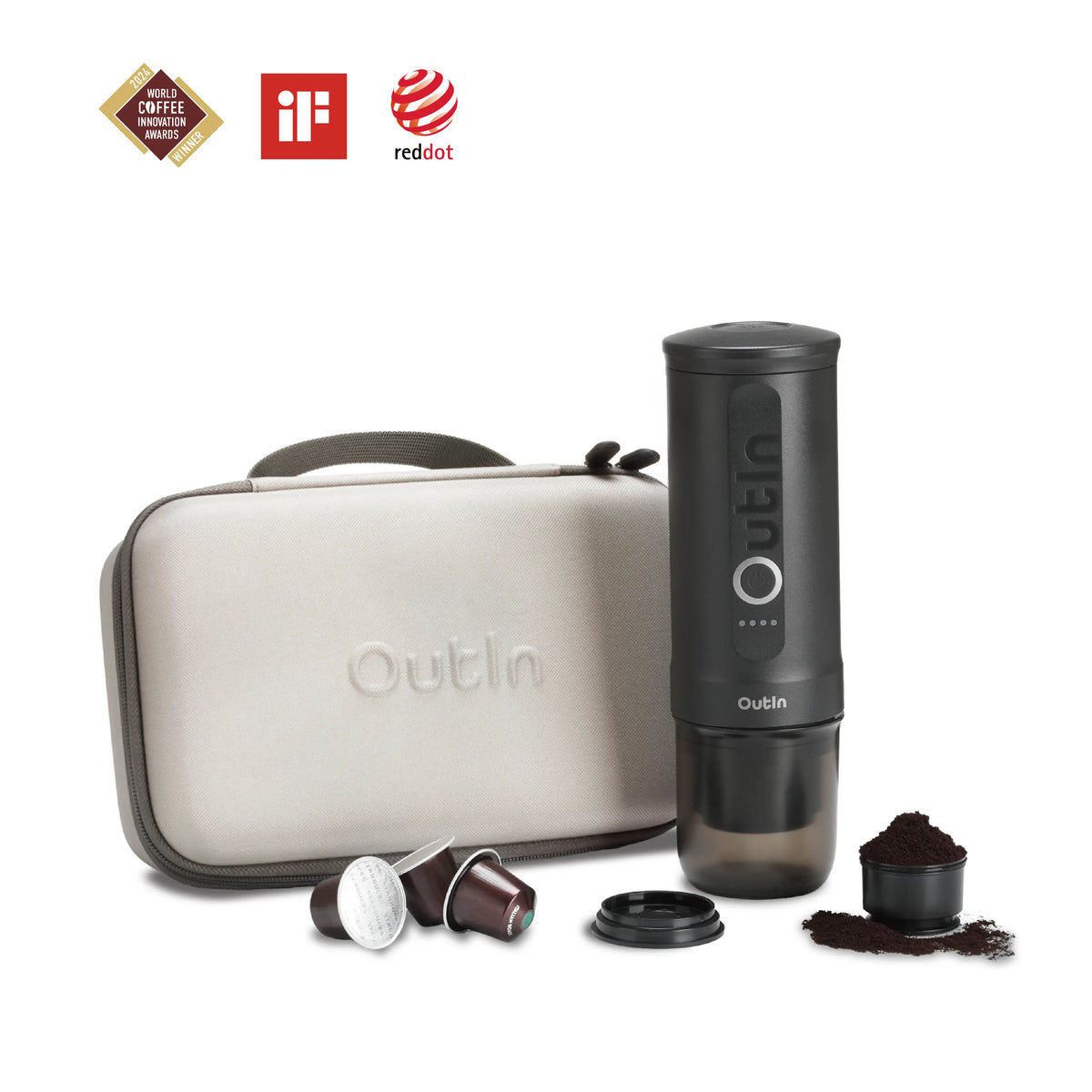 Tragbares Espresso-Geschenkset "OutIn" in Space Grau mit Zubehör und Schutzhülle, ideal für Reisen.