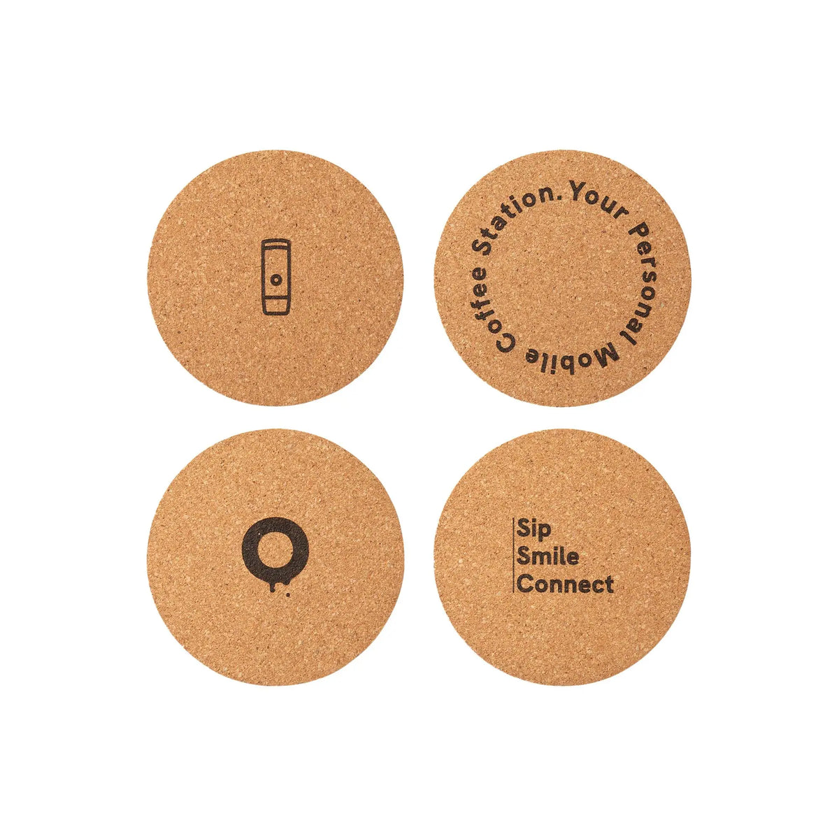 OutIn Korkuntersetzer Set mit vier Kaffee-Motiven: Mobile Maschine, Coffee Station, "O", "Sip Smile Connect".