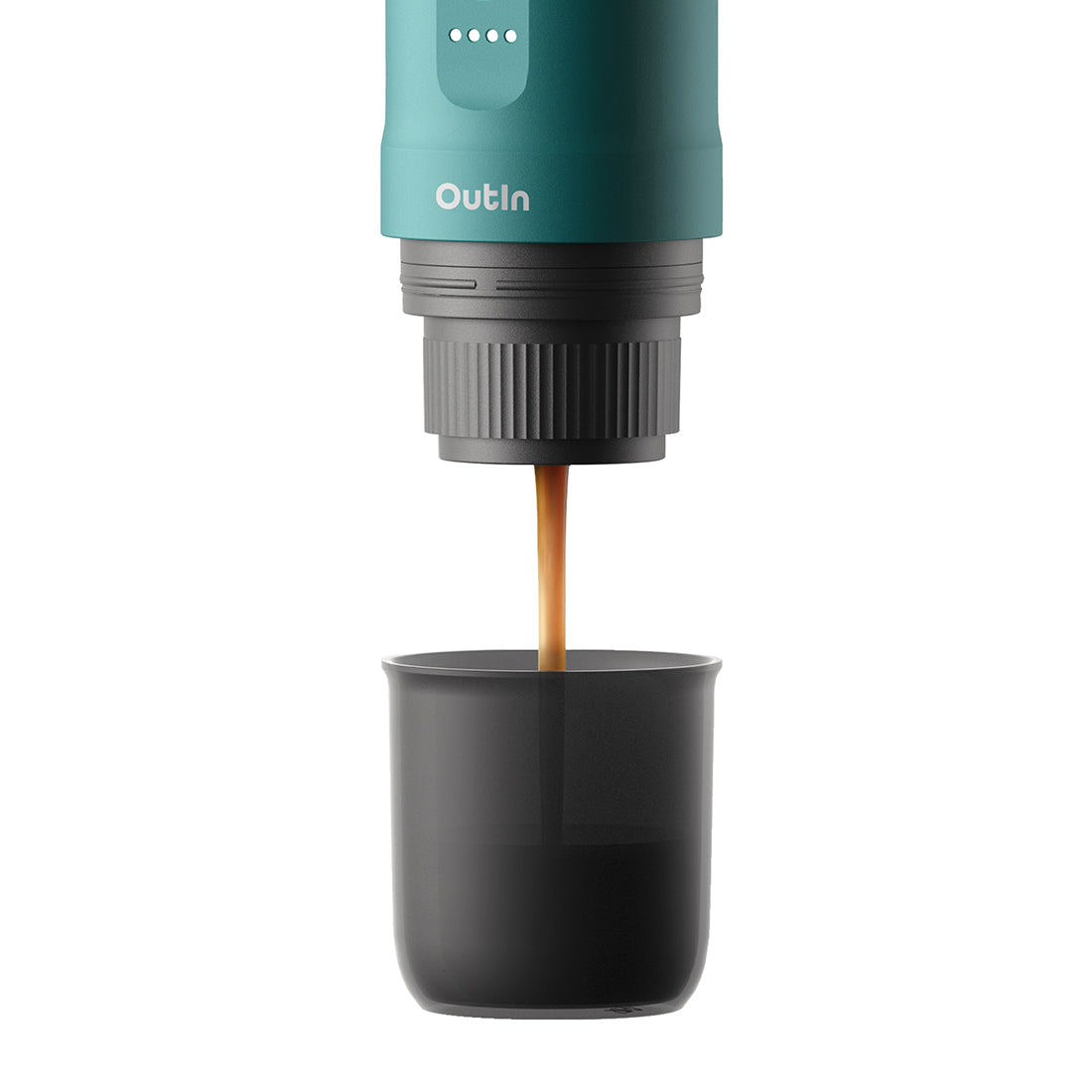 Blaugrüne Nano Espressomaschine brüht Espresso mit Crema in dunklen Becher.