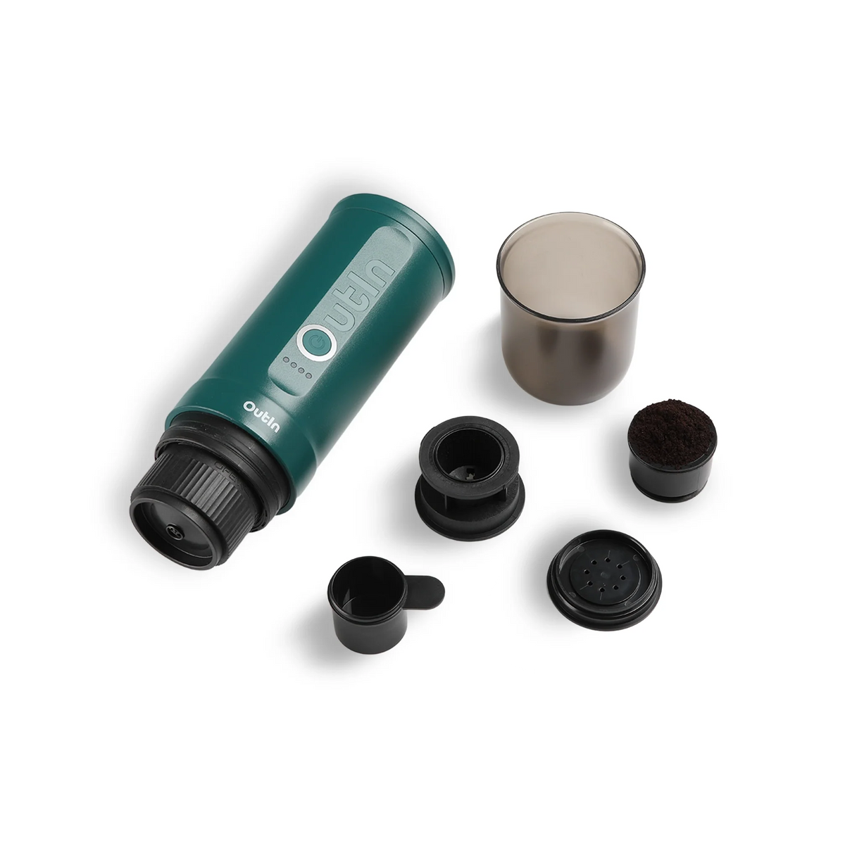 Nano tragbare Espressomaschine blaugrün mit Tasse, Messlöffel, Kaffeepulver und Kapseladapter.